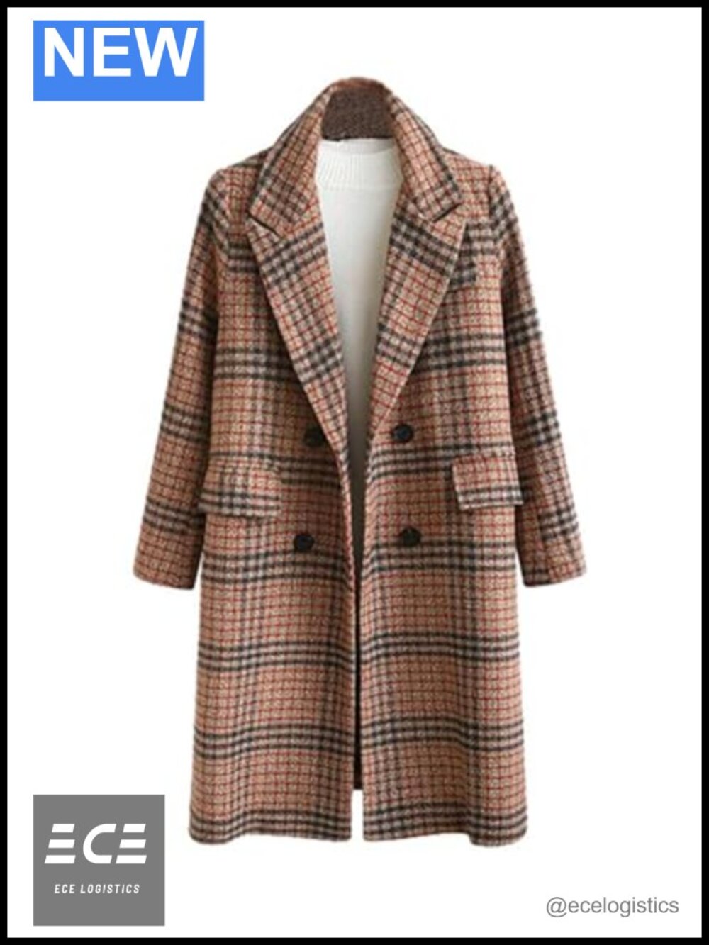 Women's Plaid Oversize Double Breasted Trench Pea Coat Mid-Long Winter Overcoat